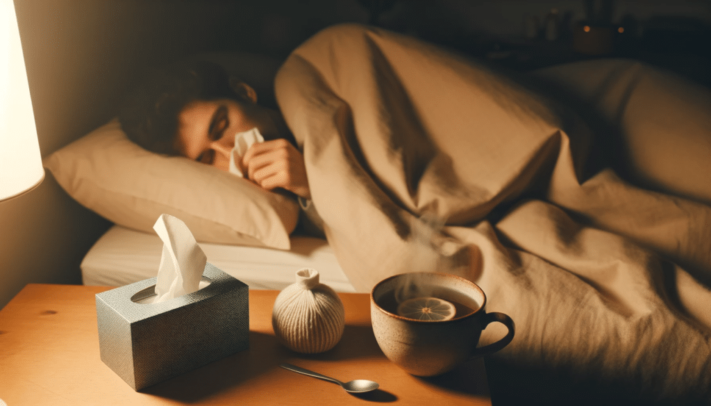 A person sleeping soundly with a tissue box and a cup of tea on the bedside table, showcasing how to sleep better with a cold remedies.