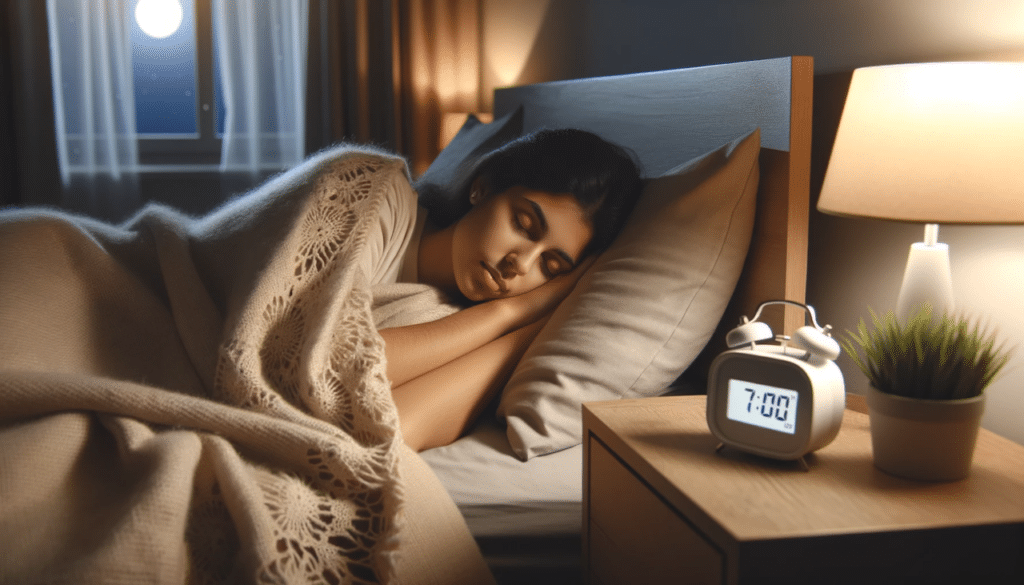 A woman sleeping in a comfortable bed, with a consistent sleep schedule