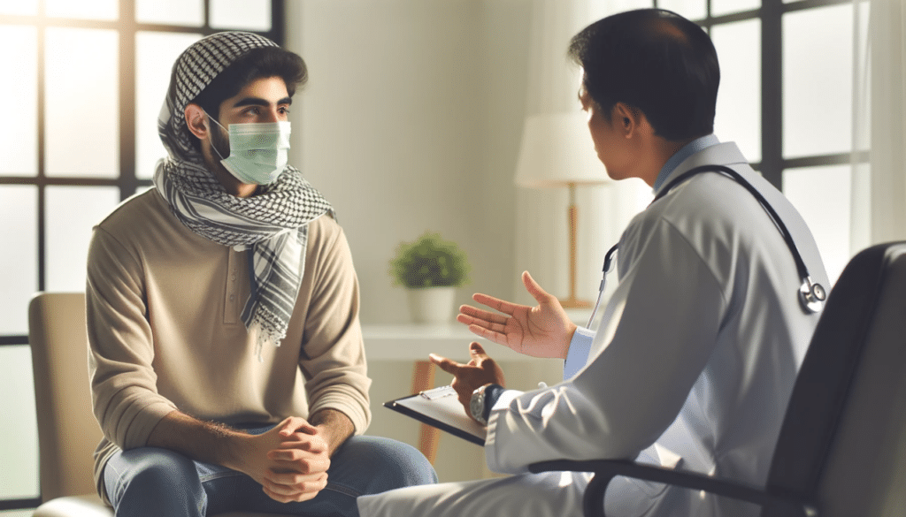A young man wearing a mask talking to a doctor