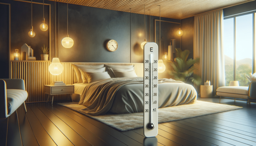 An image showing a comfortable bedroom with a thermometer indicating the best temperature for sleep