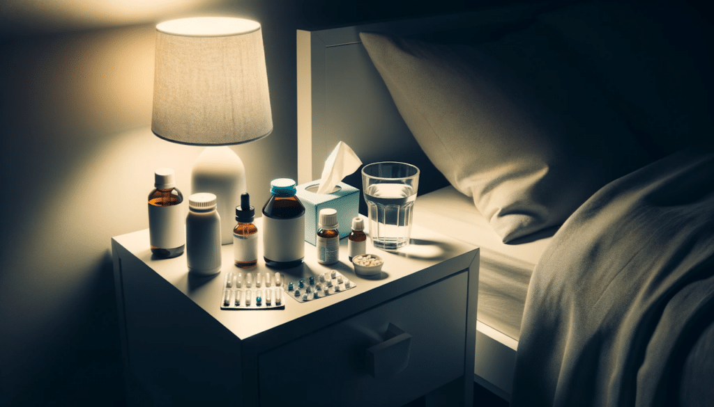 photo of a bedside table with various nighttime cold medications